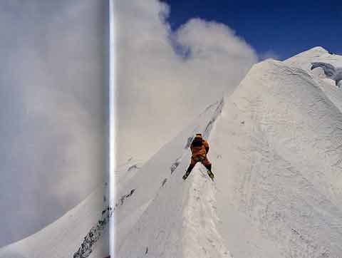 
Veikka Gustafsson on the knife-edge ridge to Shishapangma Main Summit April 30, 2001 - Himalayan Quest Ed Viesturs on the 8,000-Meter Giants book
